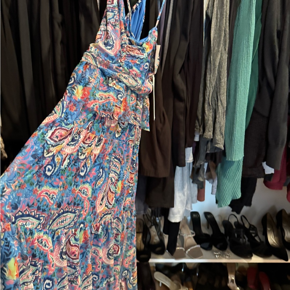 Blue and Pink Spaghetti Strap Sundress Resort Wear Maxi
